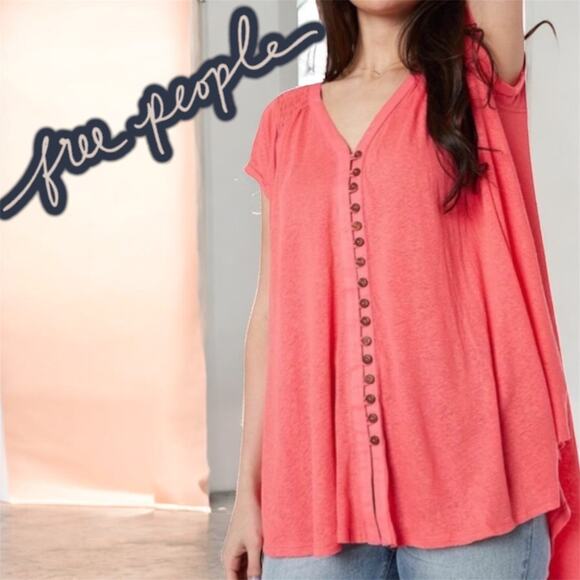 Free People Oversized Short Sleeve Button Front High Low Boho Blouse Size Medium - Picture 1 of 11